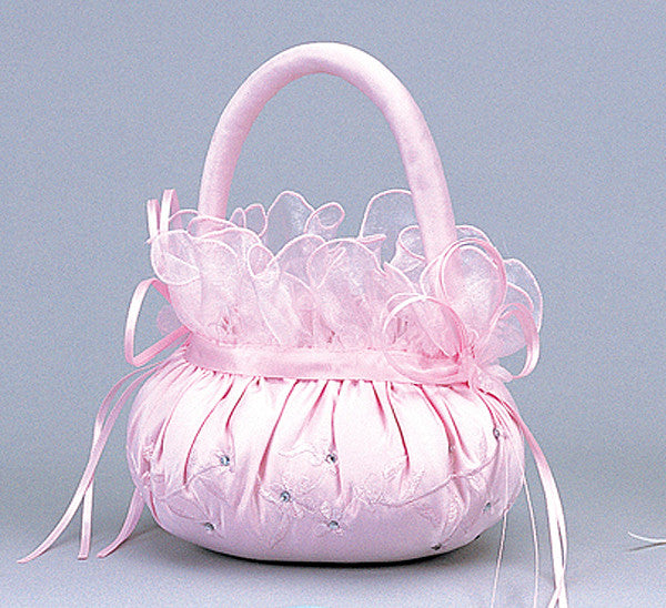 Pink Satin Flower Girl Basket 1 with Rhinestones Wedding