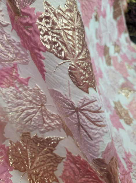 Brocade Jacquard Metallic Pink Maple Leaves