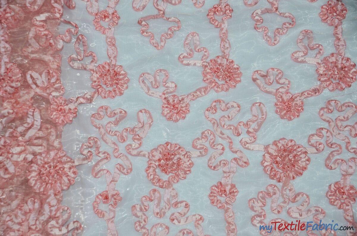 Luxury Organza Embroidery Polyester Fabric - Sheer Ribbon Embroidery, 54" Width, Multiple Colors (1 Yard)