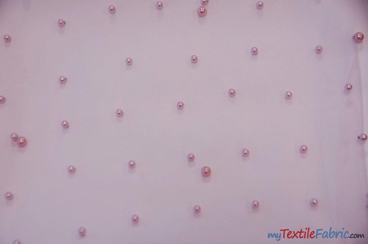 Very Soft Tulle With Pearls Polyester Fabric - Sheer Beaded Tulle, 52" Width (1 Yard)