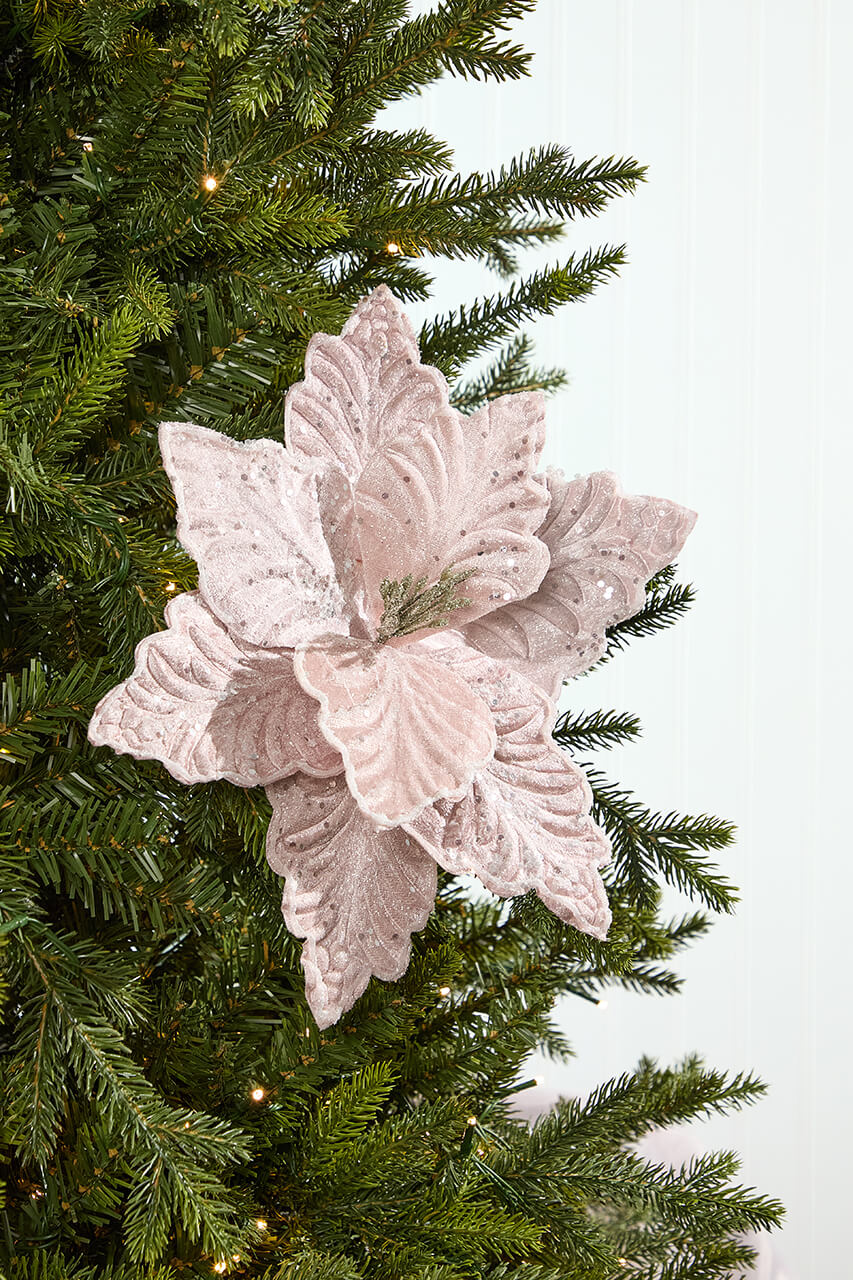 20" x 13" Pink Velvet & Glitter Poinsettia Stem