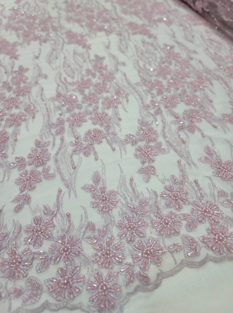 Beaded Lace Embroidery Pink Lilac Mesh