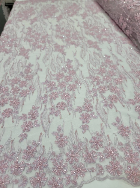 Beaded Lace Embroidery Pink Lilac Mesh
