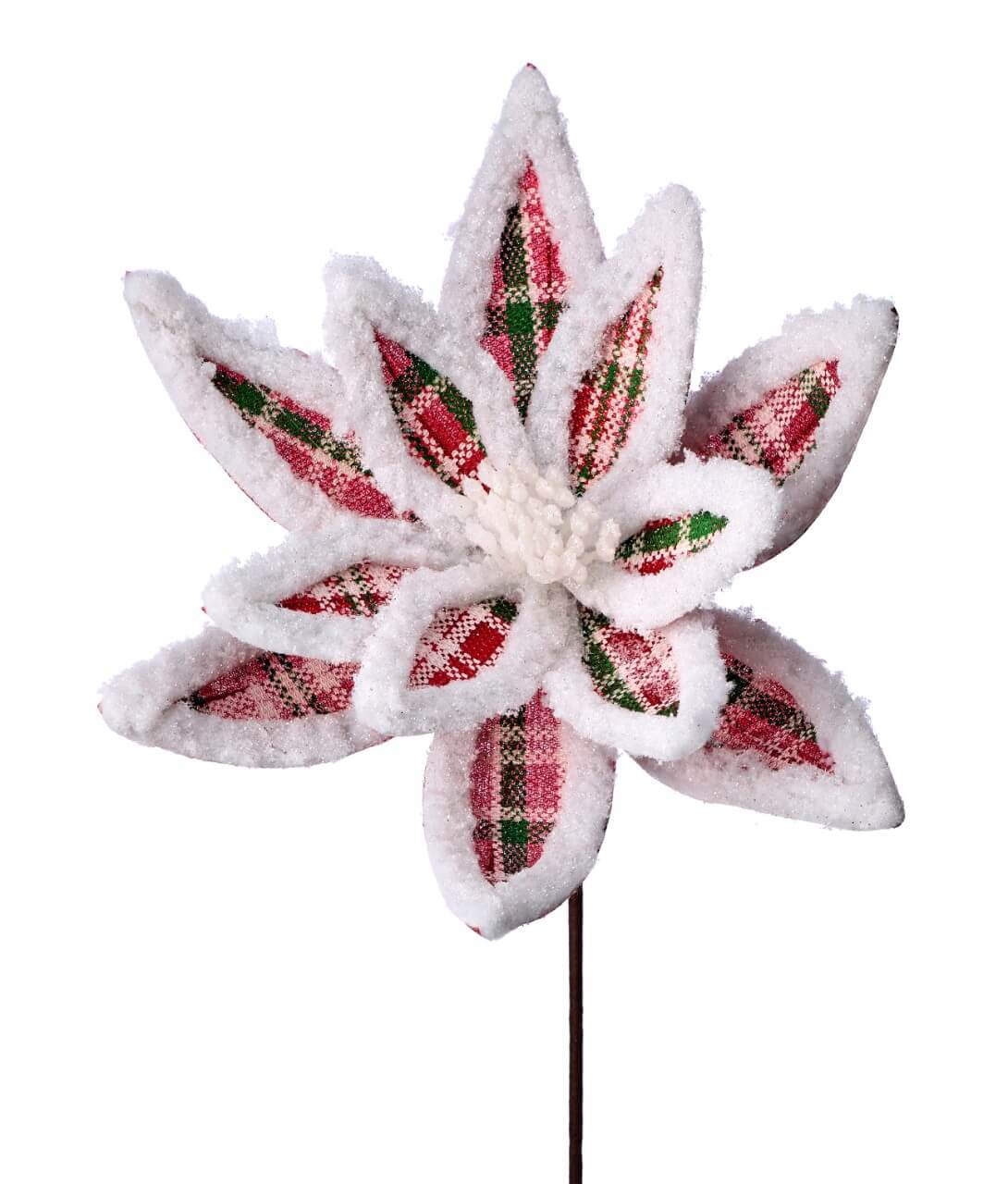 24” x 13" Glitter Fur Edge Plaid Poinsettia Stem