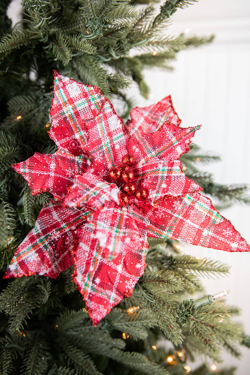 23” Plaid Glitter Poinsettia Stem