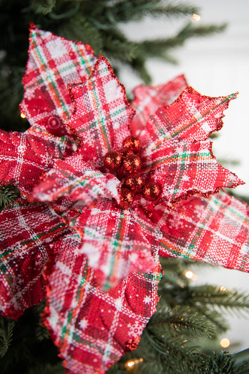 23” Plaid Glitter Poinsettia Stem