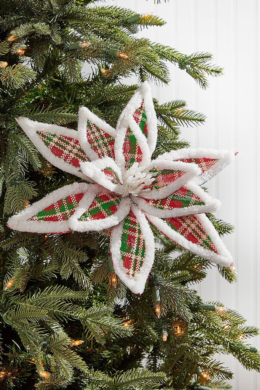 24” x 13" Glitter Fur Edge Plaid Poinsettia Stem