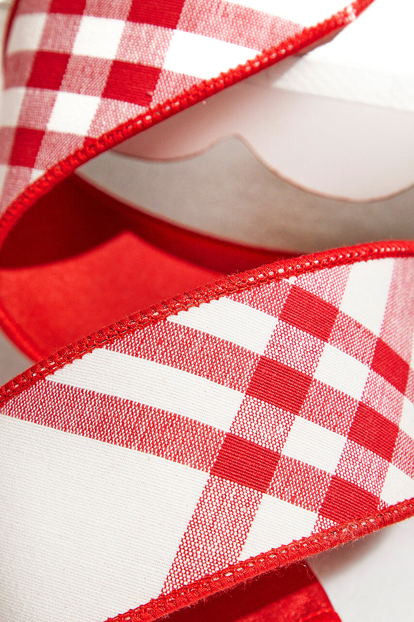 2.5 Inchi x 5 Yard Red/White Plaid Taffeta Back Ribbon Festive Wired Holiday Craft Ribbon