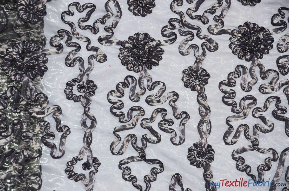 Luxury Organza Embroidery Polyester Fabric - Sheer Ribbon Embroidery, 54" Width, Multiple Colors (1 Yard)