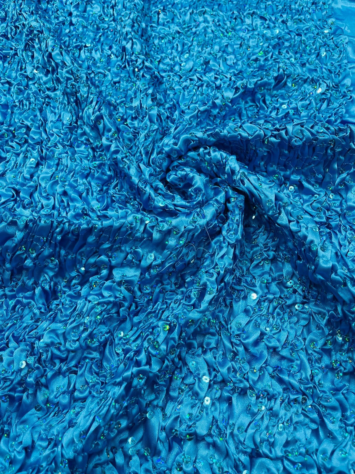 Pleated Stretch Satin Ruffle Lace Trim With Hologram Sequin Fabric - Multi Color Pleated Ruffle, 24" Width (1 Yard)