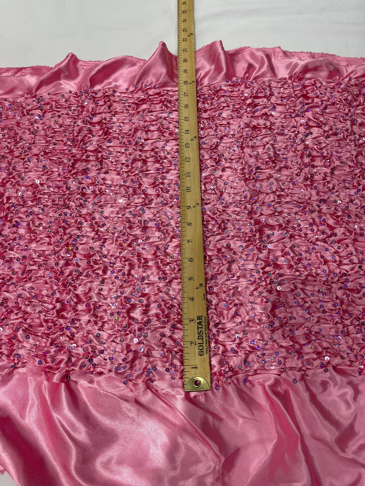 Pleated Stretch Satin Ruffle Lace Trim With Hologram Sequin Fabric - Multi Color Pleated Ruffle, 24" Width (1 Yard)
