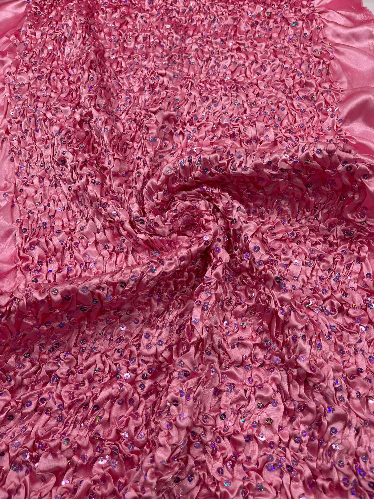 Pleated Stretch Satin Ruffle Lace Trim With Hologram Sequin Fabric - Multi Color Pleated Ruffle, 24" Width (1 Yard)