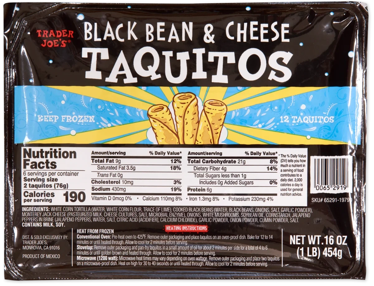 Black Bean & Cheese Taquitos Crispy Frozen Mexican Snack 16 Oz