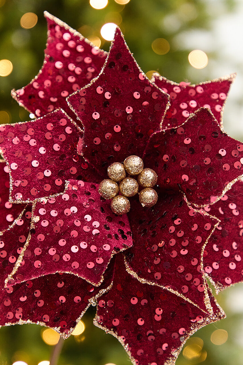 20" x 12" Burgundy Sequin Poinsettia Stem