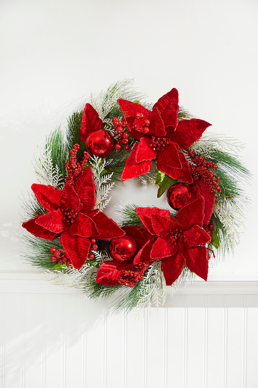 22” Poinsettia With Pine Wreath