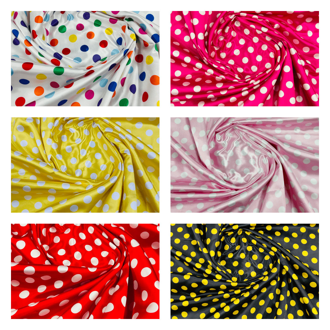 Polka Dot Satin 100 Percent Polyester Charmeuse Fabric - White Polka Dot On Red, 58" Width (1 Yard)
