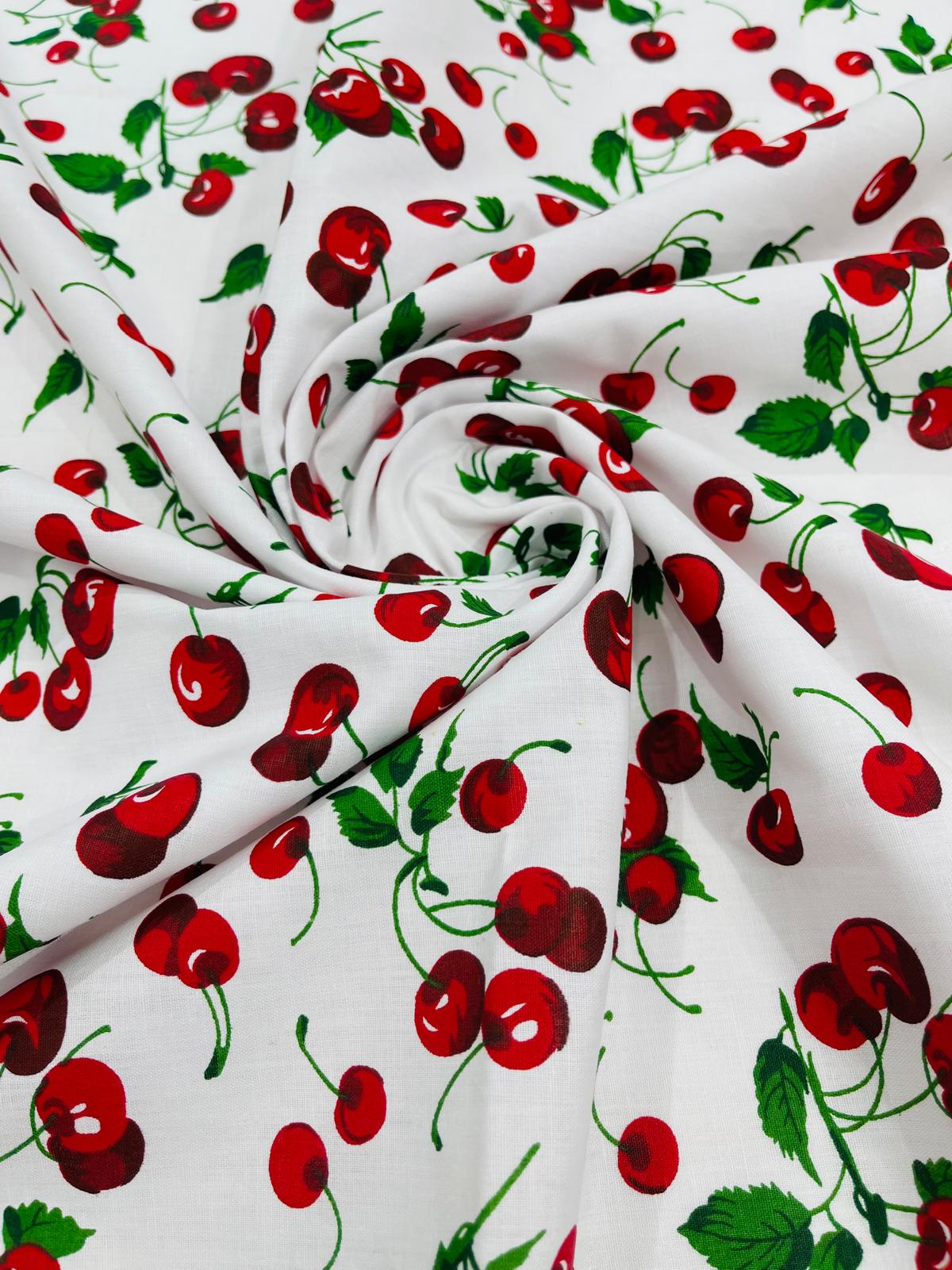 Poly Cotton Cherry Print Fabric - Black/White Cherry Fruit Print, 58-59" Width (1 Yard)