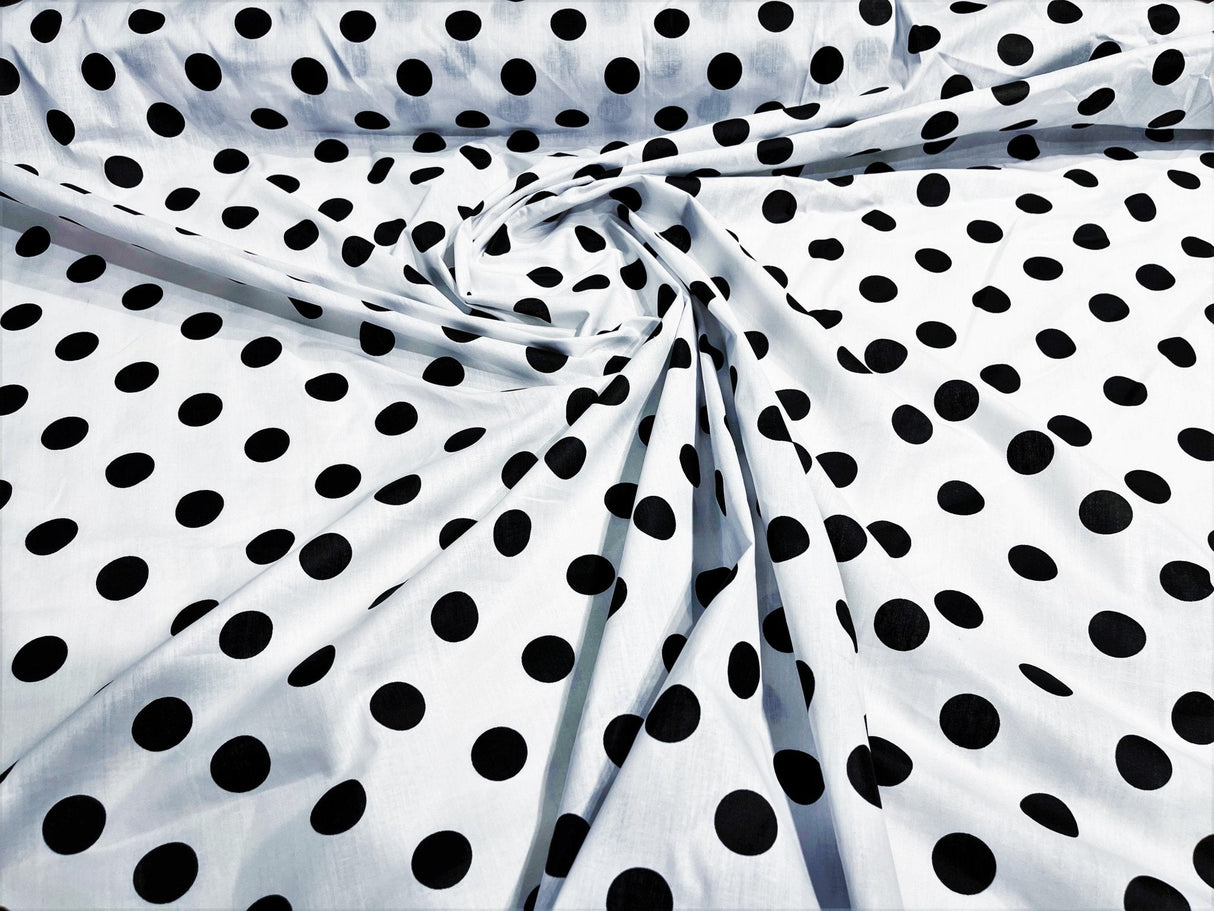 Poly Cotton Polka Dot Print Poly Cotton Fabric - Black Dot On Red, 58" Width (1 Yard)