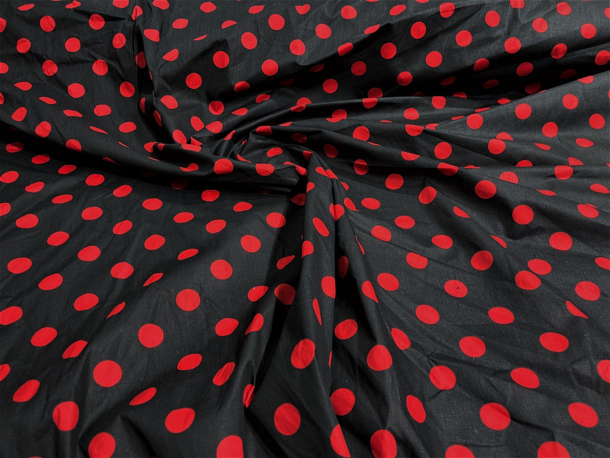 Poly Cotton Polka Dot Print Poly Cotton Fabric - Black Dot On Red, 58" Width (1 Yard)