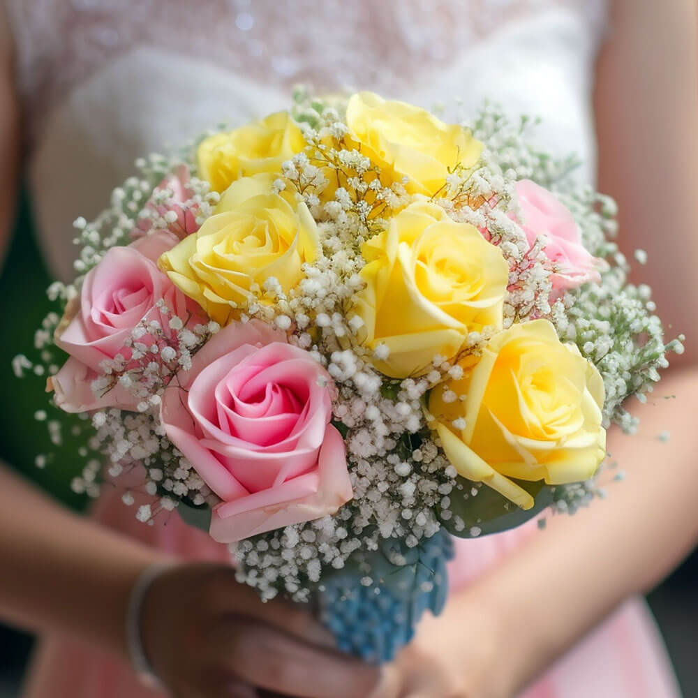 Yellow Pink Roses Bridesmaids Bouquets 6 Sets Fresh Flowers 19 Stems Each