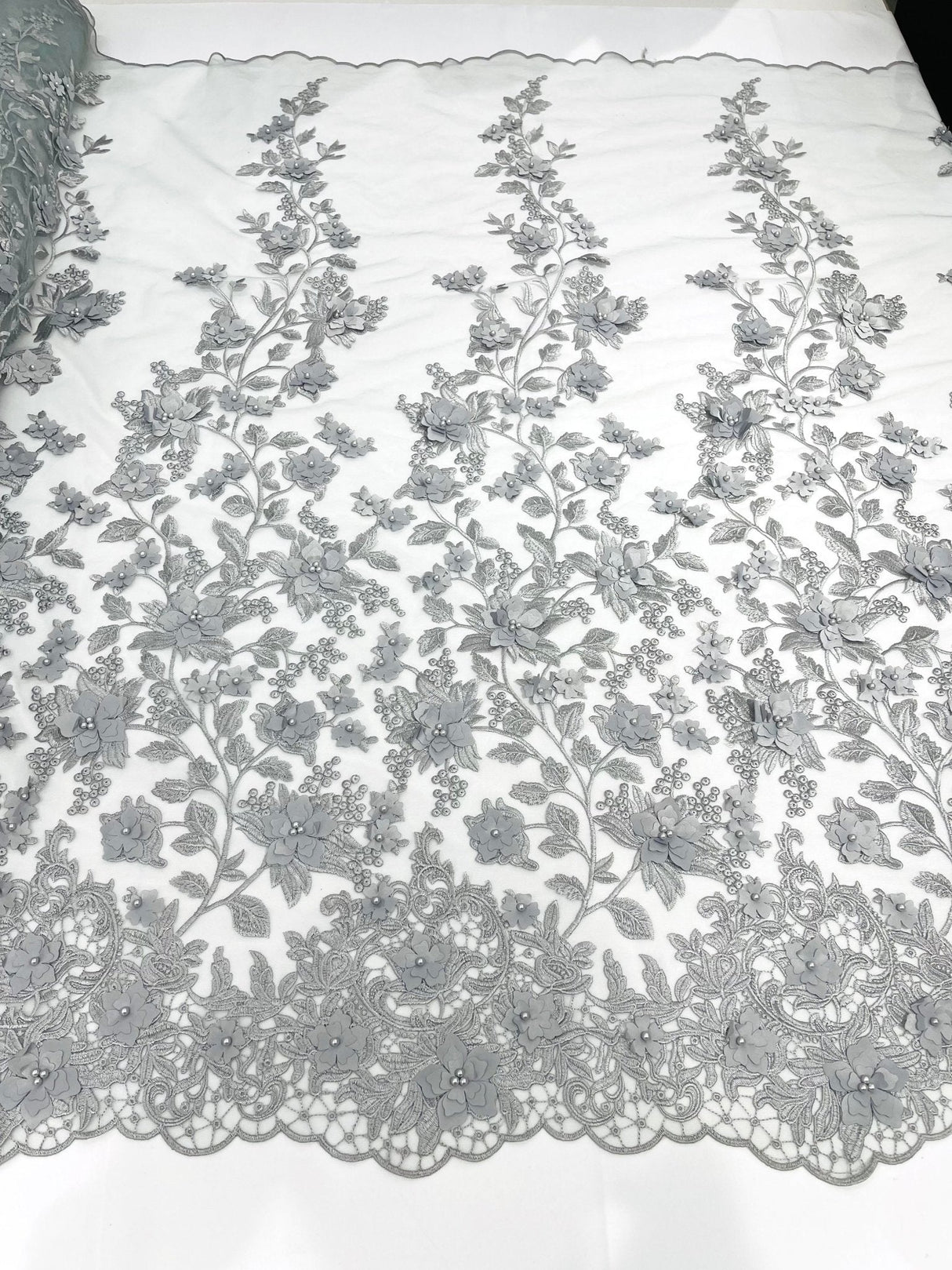 Princess 3D Floral Lace Polyester Fabric - Beaded Mesh Lace, 50" Width (1 Yard)
