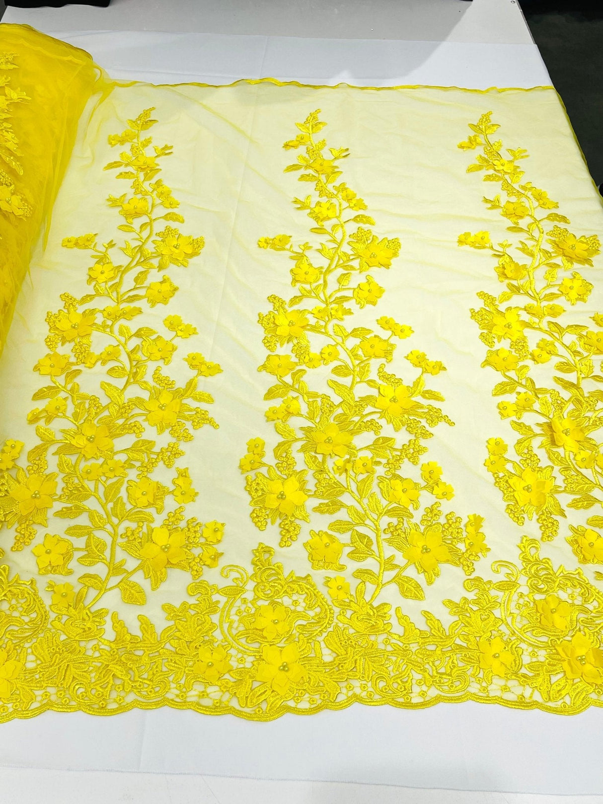 Princess 3D Floral Lace Polyester Fabric - Beaded Mesh Lace, 50" Width (1 Yard)