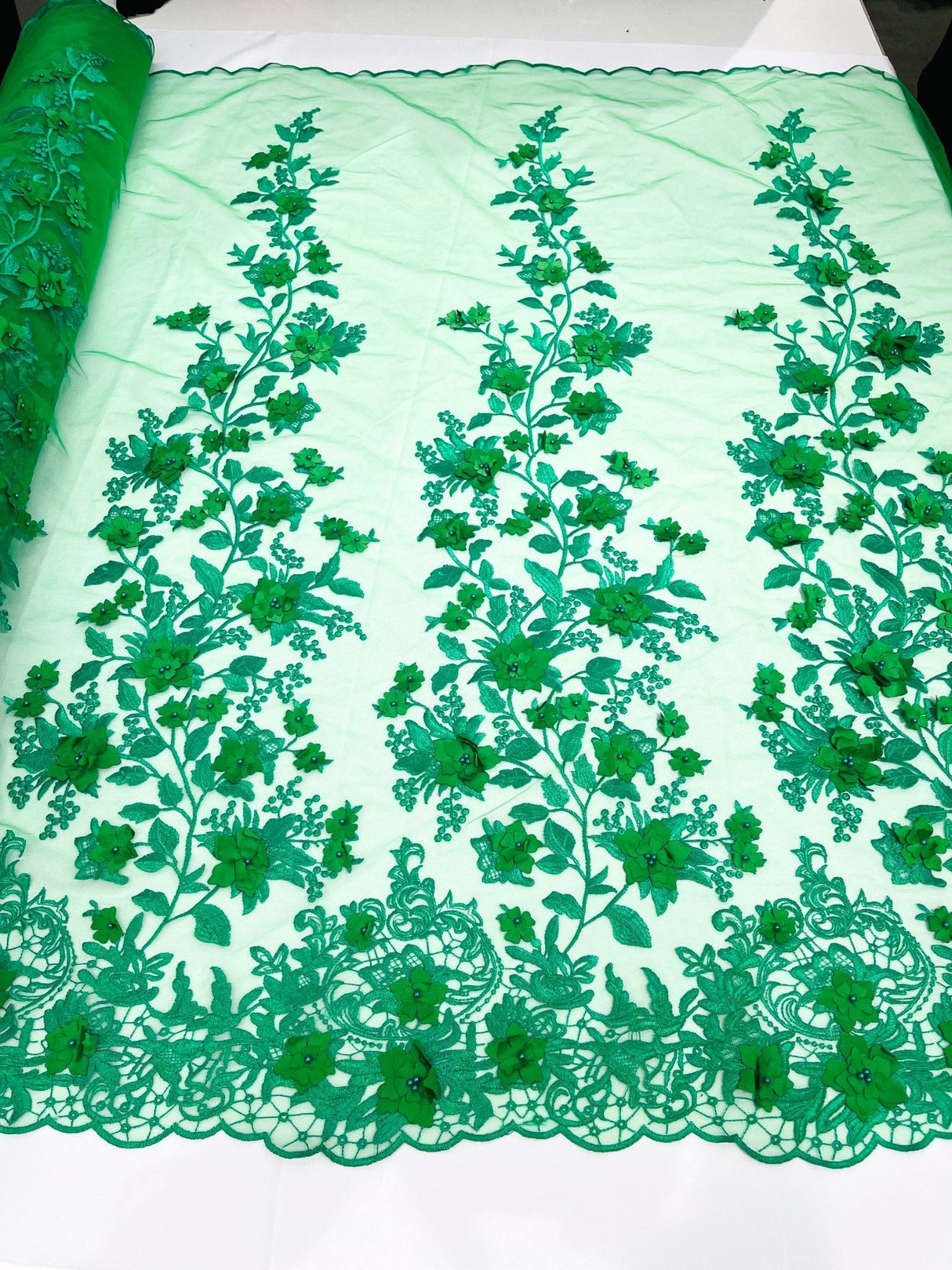 Princess 3D Floral Lace Polyester Fabric - Beaded Mesh Lace, 50" Width (1 Yard)