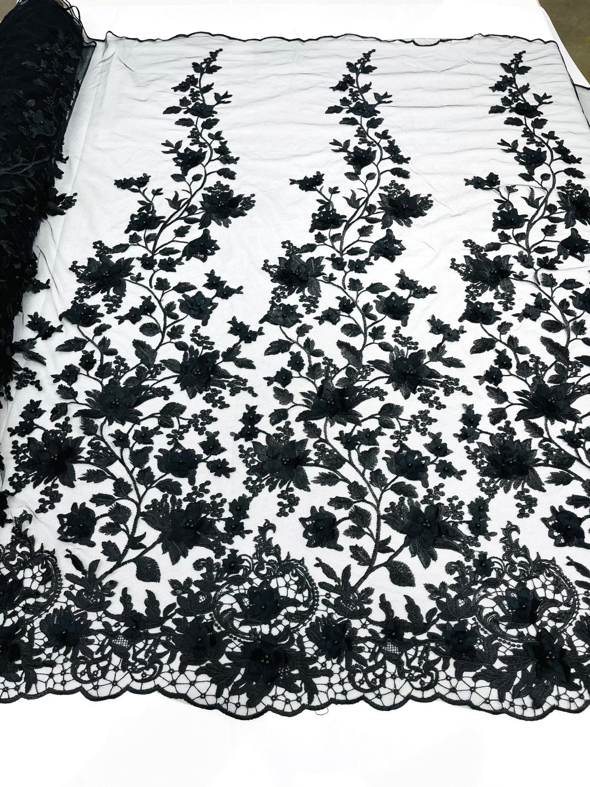Princess 3D Floral Lace Polyester Fabric - Beaded Mesh Lace, 50" Width (1 Yard)