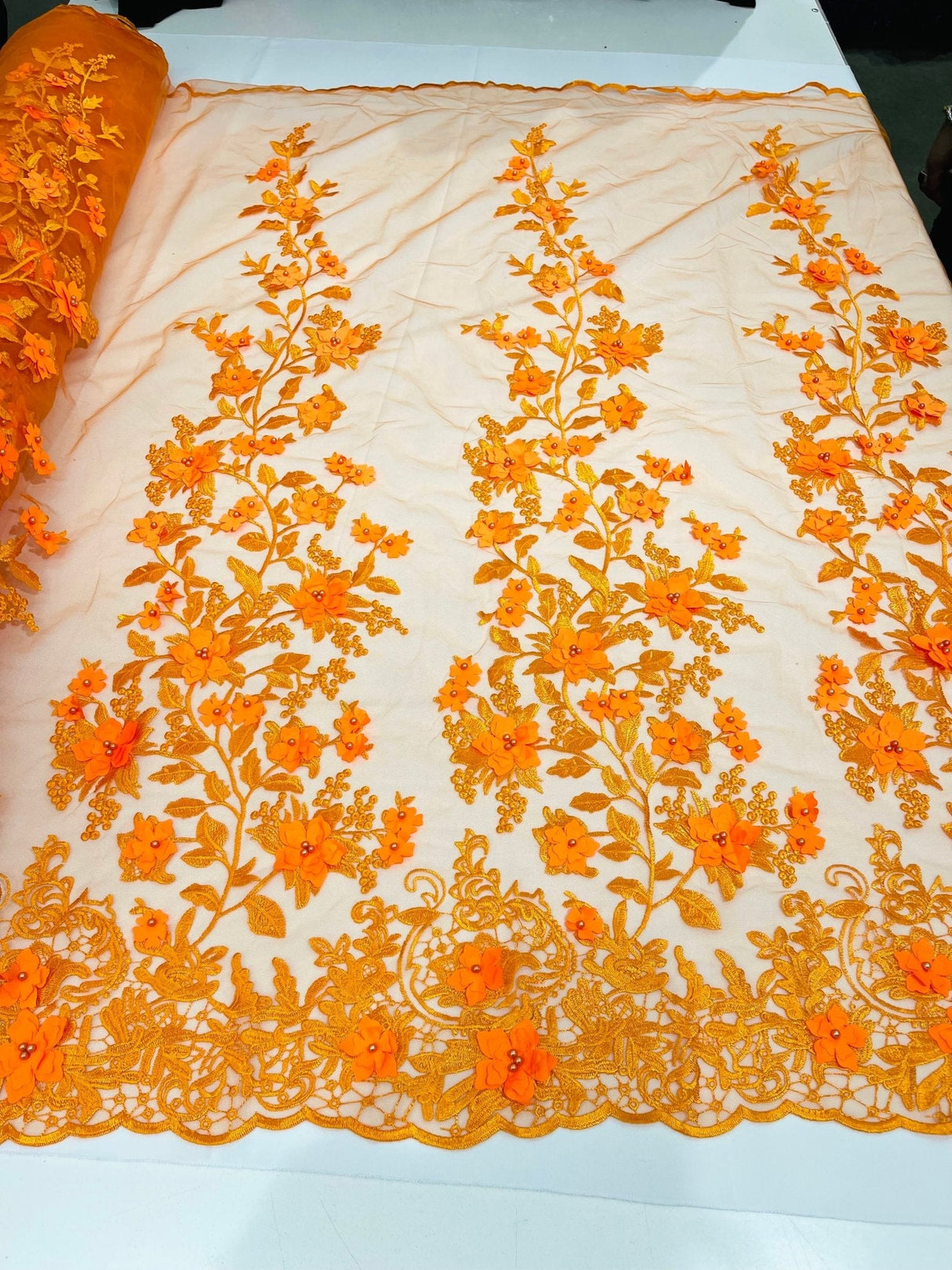 Princess 3D Floral Lace Polyester Fabric - Beaded Mesh Lace, 50" Width (1 Yard)