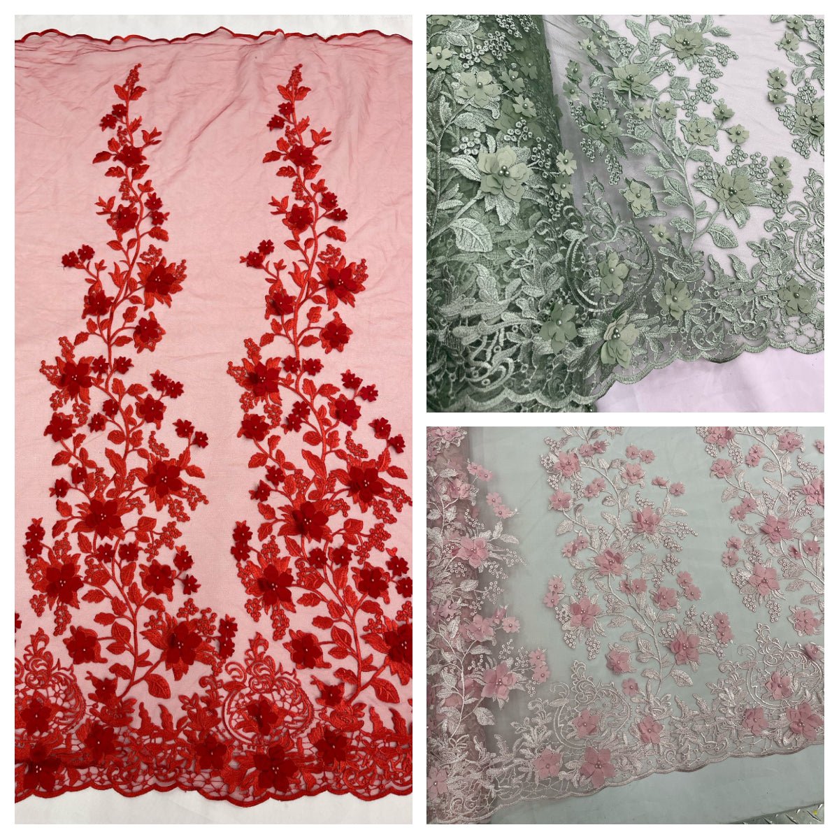 Princess 3D Floral Lace Polyester Fabric - Beaded Mesh Lace, 50" Width (1 Yard)