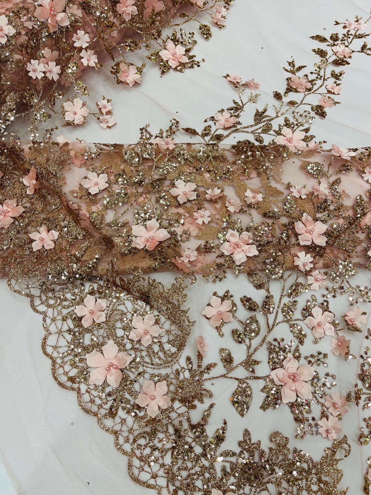 Princess Glitter 3D Floral Design Lace Polyester Fabric - Double Scallop, Mesh Lace, 54" Width (1 Yard)