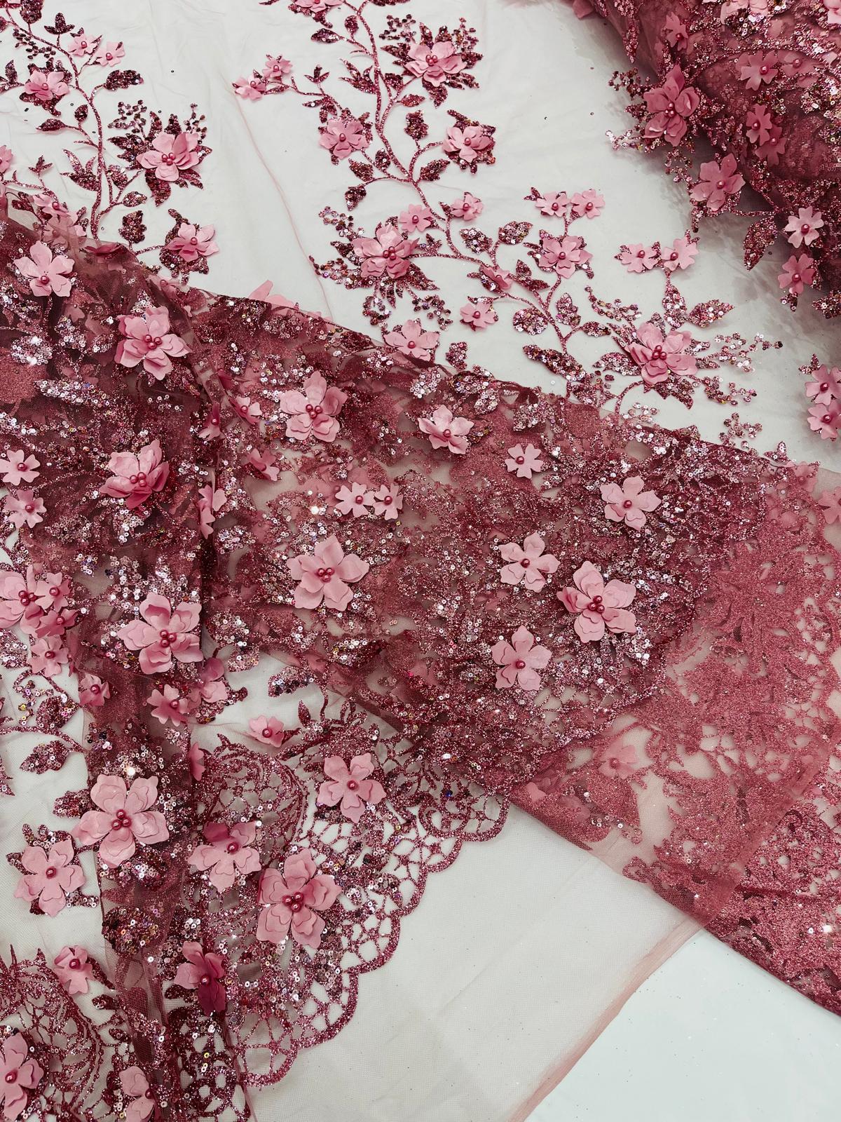 Princess Glitter 3D Floral Design Lace Polyester Fabric - Double Scallop, Mesh Lace, 54" Width (1 Yard)
