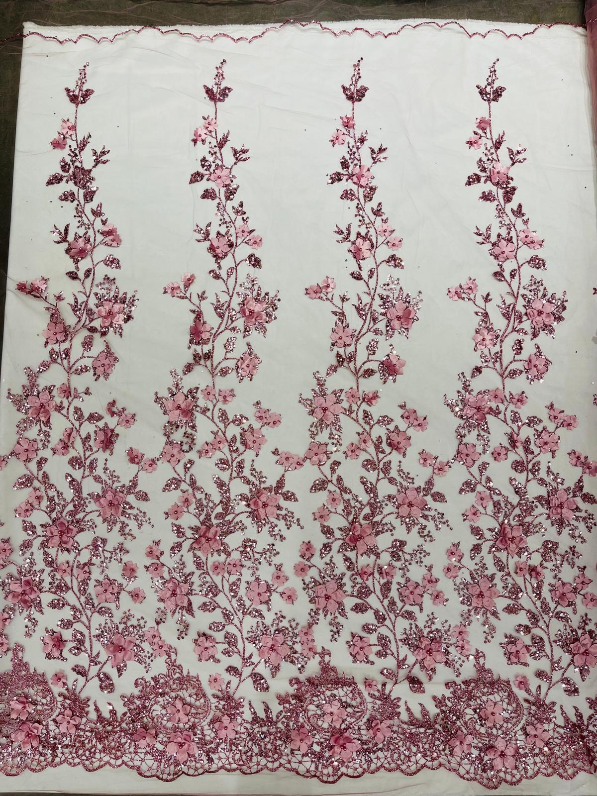 Princess Glitter 3D Floral Design Lace Polyester Fabric - Double Scallop, Mesh Lace, 54" Width (1 Yard)
