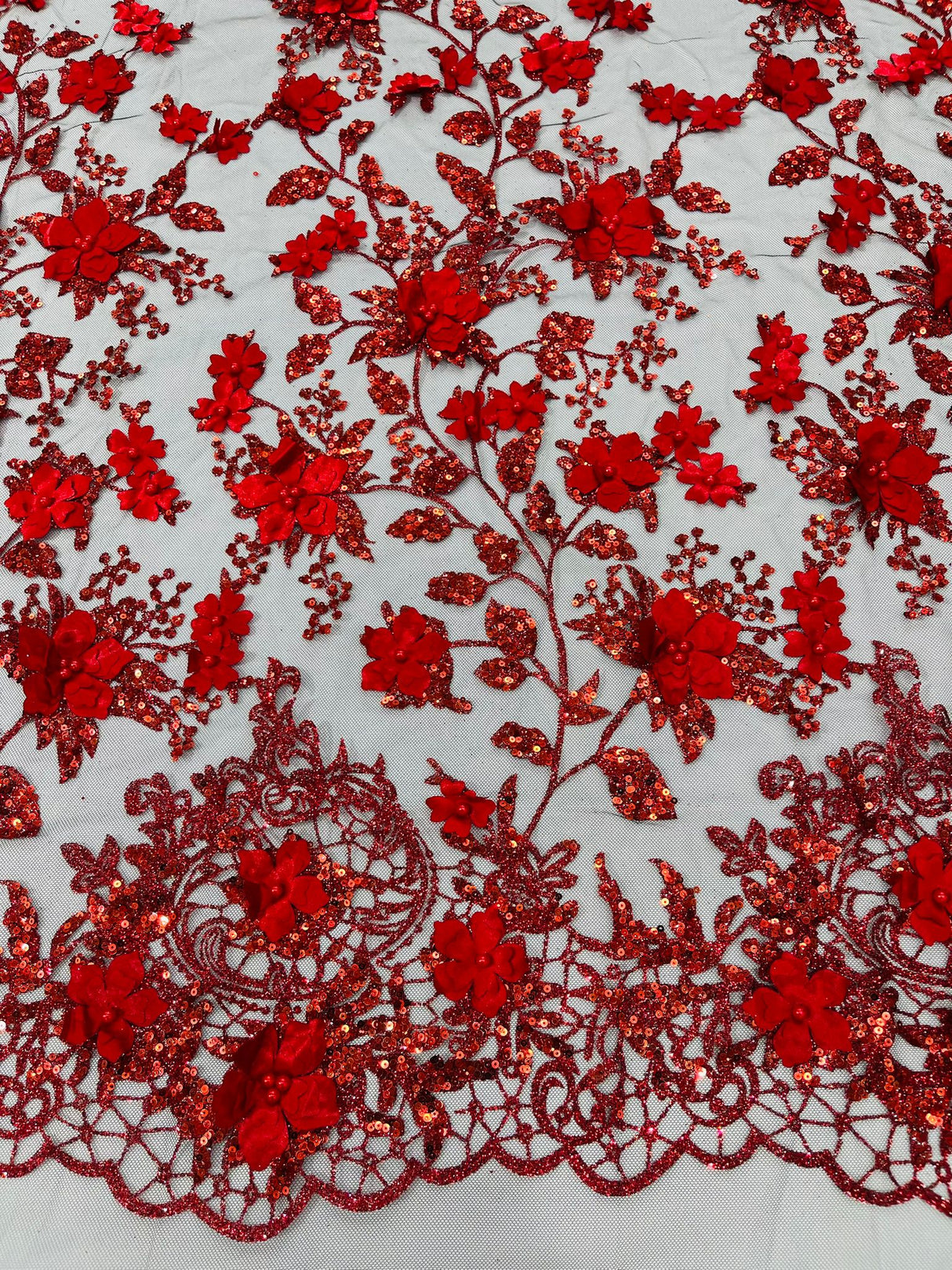 Princess Glitter 3D Floral Design Lace Polyester Fabric - Double Scallop, Mesh Lace, 54" Width (1 Yard)