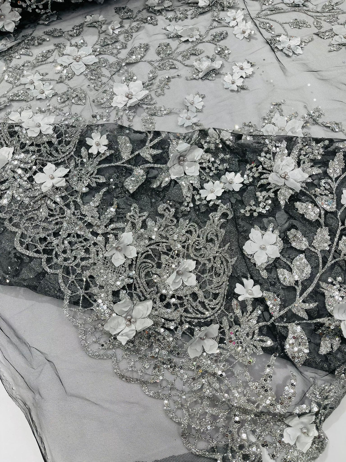 Princess Glitter 3D Floral Design Lace Polyester Fabric - Double Scallop, Mesh Lace, 54" Width (1 Yard)