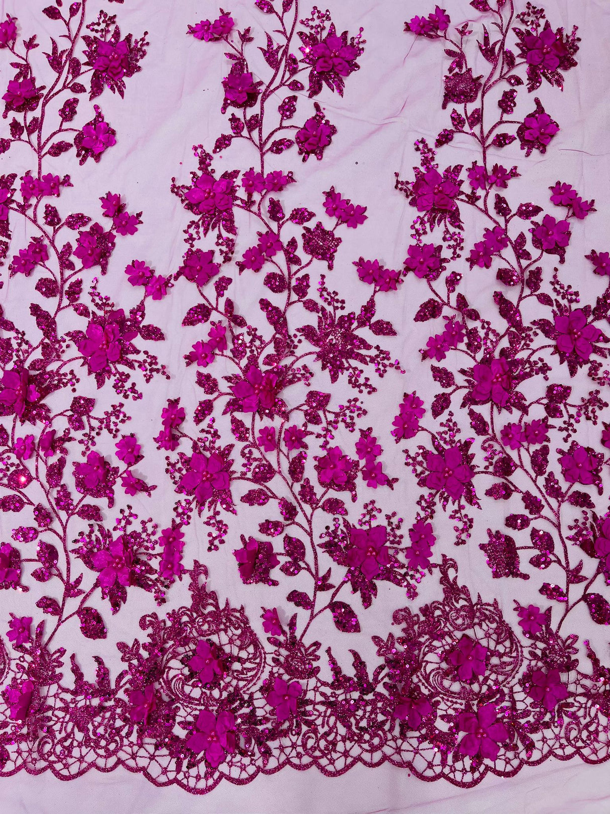 Princess Glitter 3D Floral Design Lace Polyester Fabric - Double Scallop, Mesh Lace, 54" Width (1 Yard)