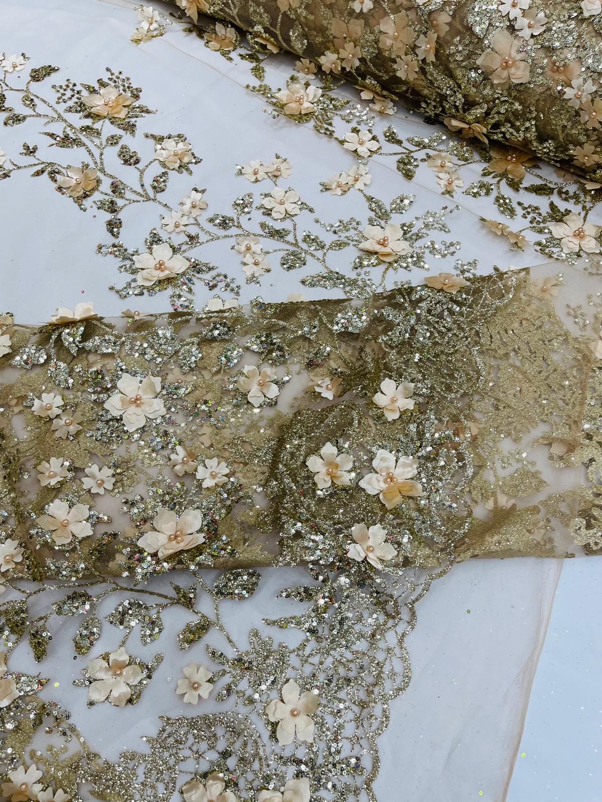 Princess Glitter 3D Floral Design Lace Polyester Fabric - Double Scallop, Mesh Lace, 54" Width (1 Yard)