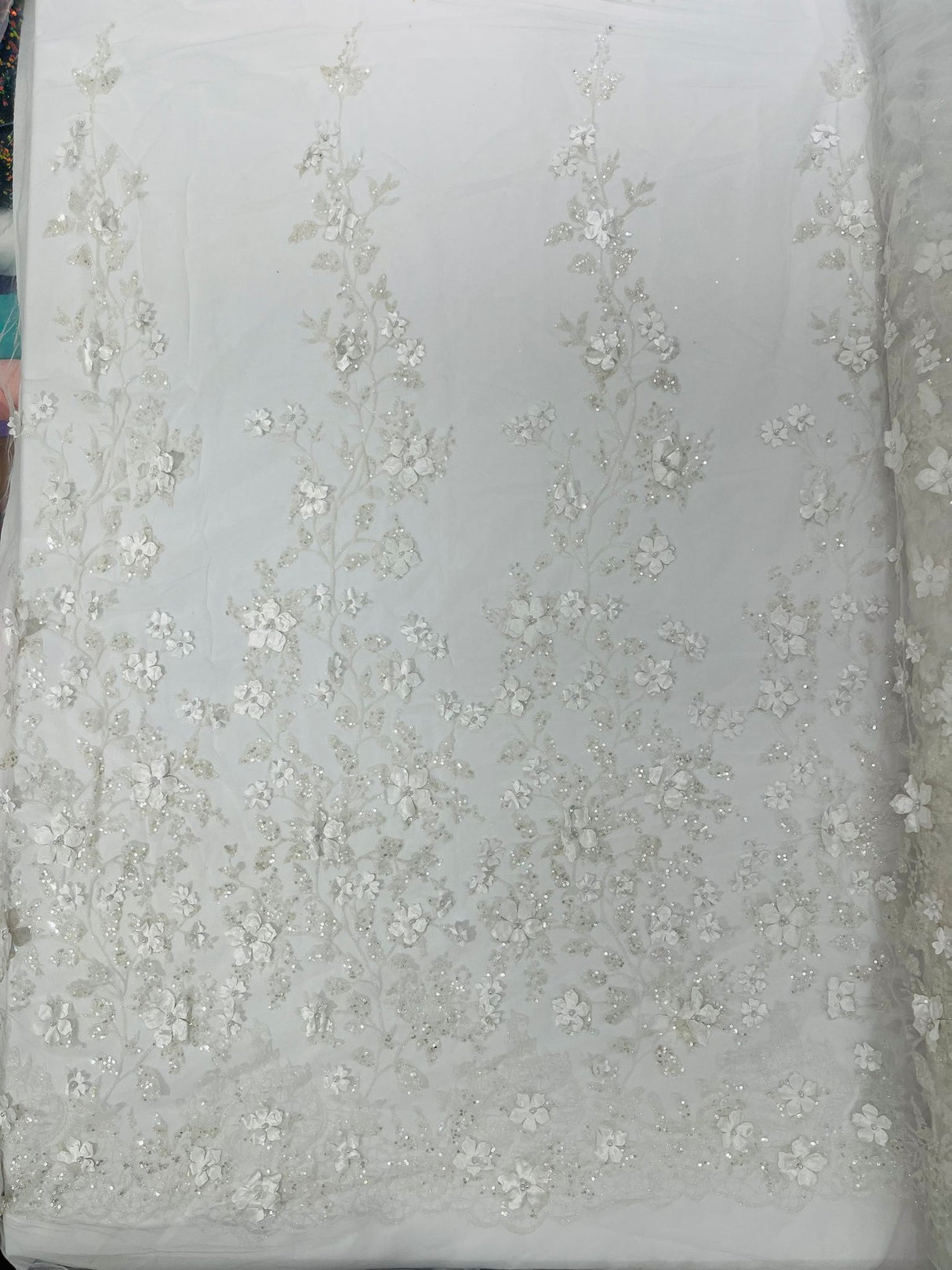 Princess Glitter 3D Floral Design Lace Polyester Fabric - Double Scallop, Mesh Lace, 54" Width (1 Yard)