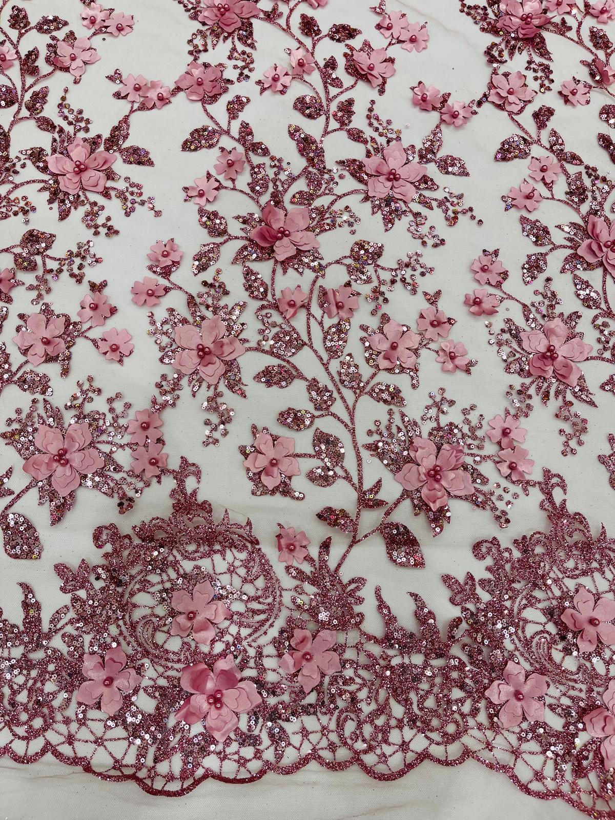 Princess Glitter 3D Floral Design Lace Polyester Fabric - Double Scallop, Mesh Lace, 54" Width (1 Yard)