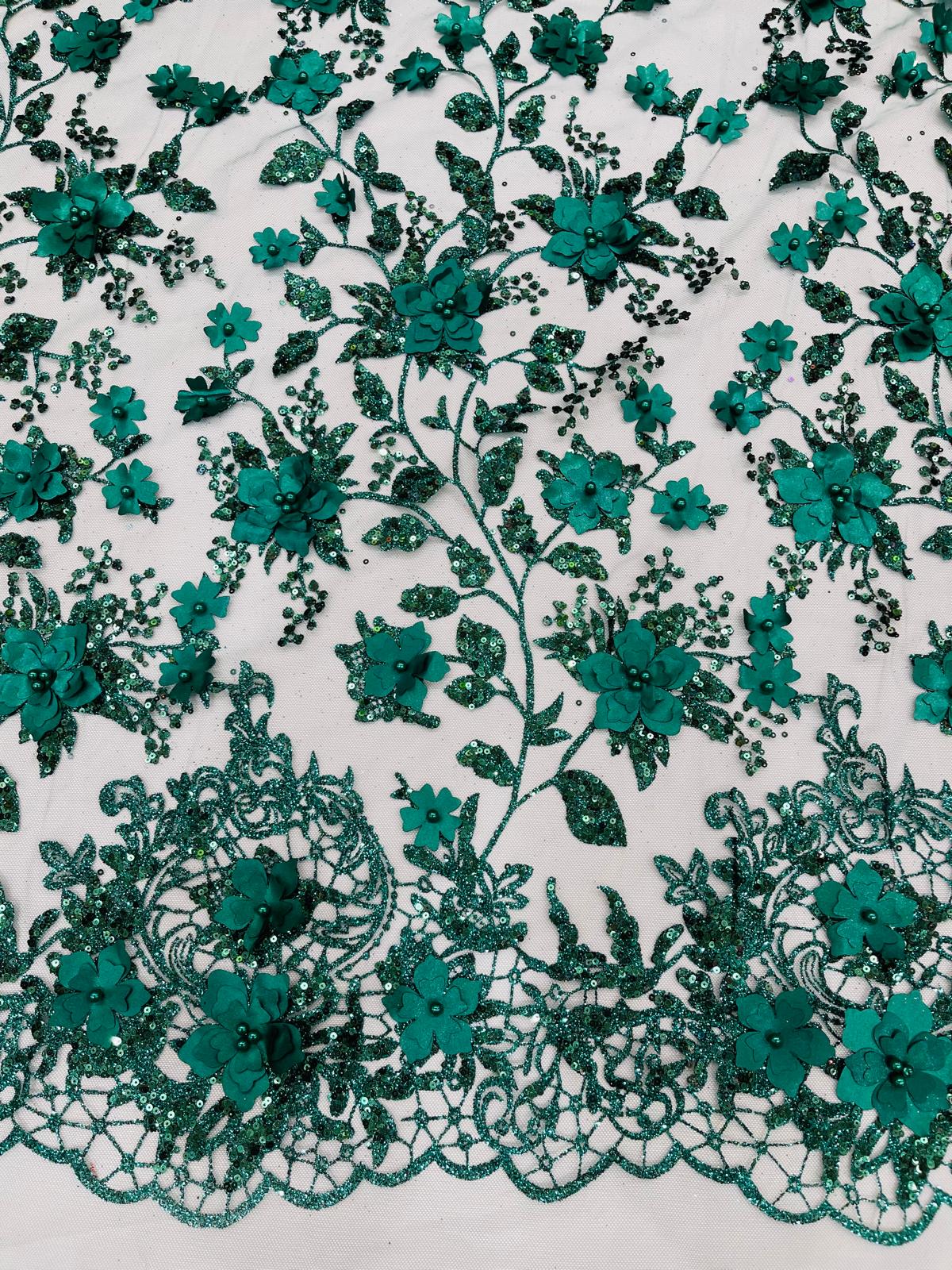 Princess Glitter 3D Floral Design Lace Polyester Fabric - Double Scallop, Mesh Lace, 54" Width (1 Yard)