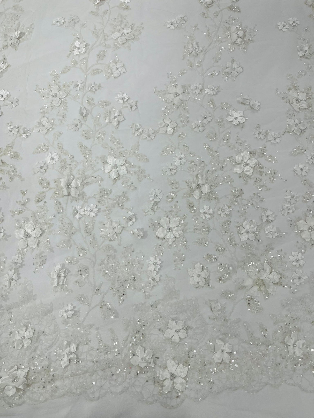 Princess Glitter 3D Floral Design Lace Polyester Fabric - Double Scallop, Mesh Lace, 54" Width (1 Yard)
