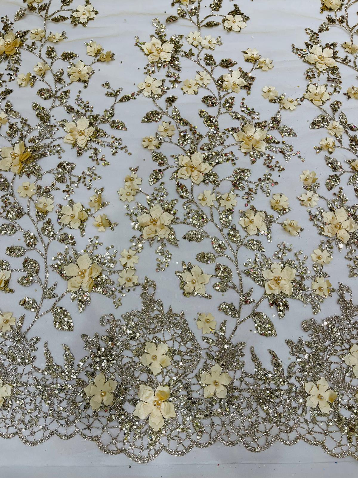 Princess Glitter 3D Floral Design Lace Polyester Fabric - Double Scallop, Mesh Lace, 54" Width (1 Yard)