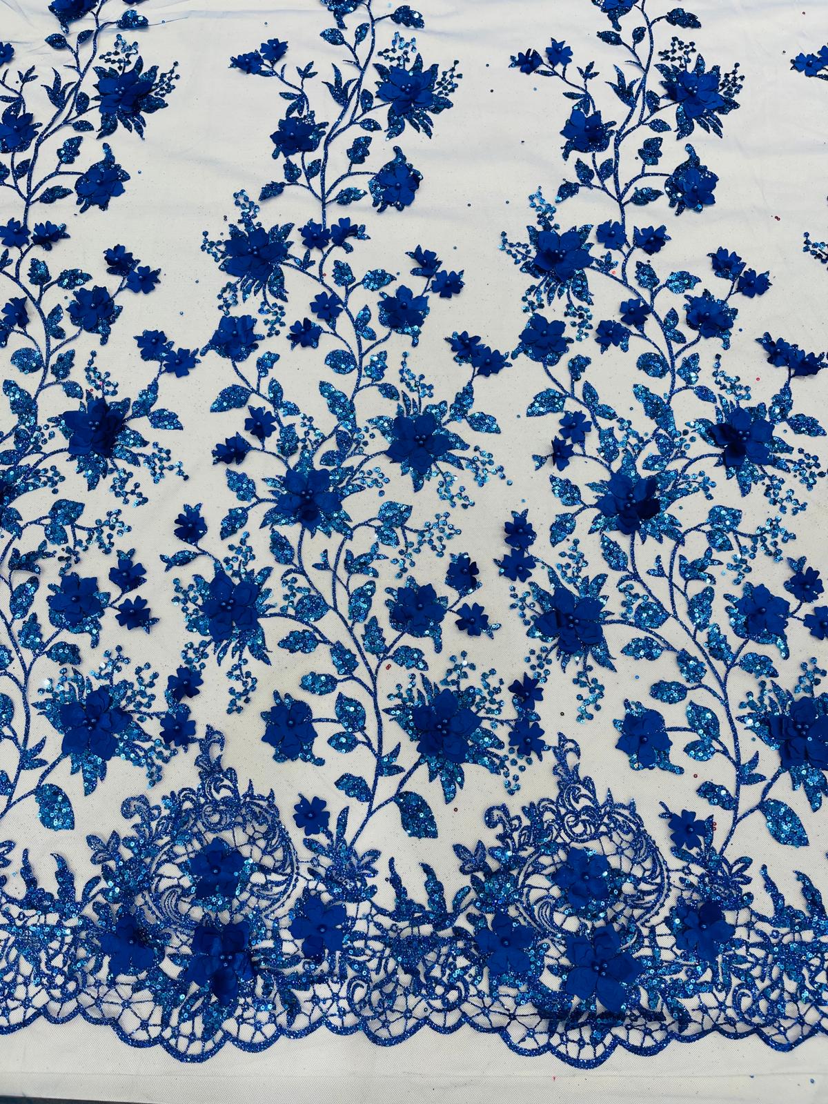 Princess Glitter 3D Floral Design Lace Polyester Fabric - Double Scallop, Mesh Lace, 54" Width (1 Yard)