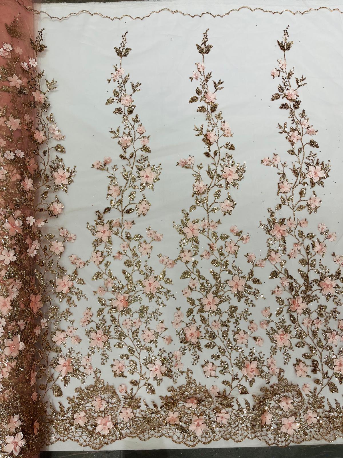 Princess Glitter 3D Floral Design Lace Polyester Fabric - Double Scallop, Mesh Lace, 54" Width (1 Yard)