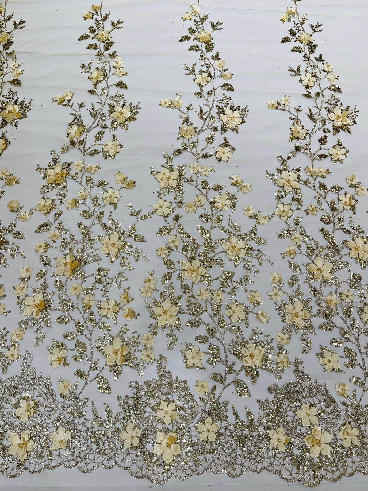 Princess Glitter 3D Floral Design Lace Polyester Fabric - Double Scallop, Mesh Lace, 54" Width (1 Yard)