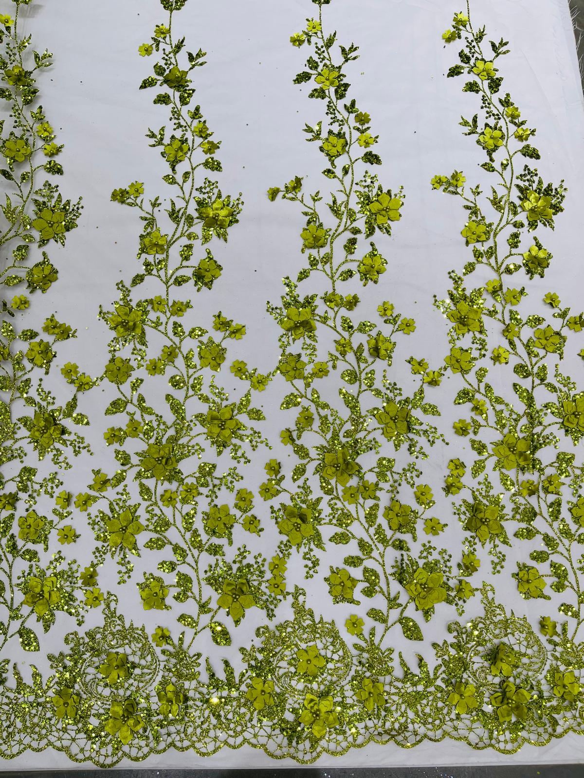 Princess Glitter 3D Floral Design Lace Polyester Fabric - Double Scallop, Mesh Lace, 54" Width (1 Yard)