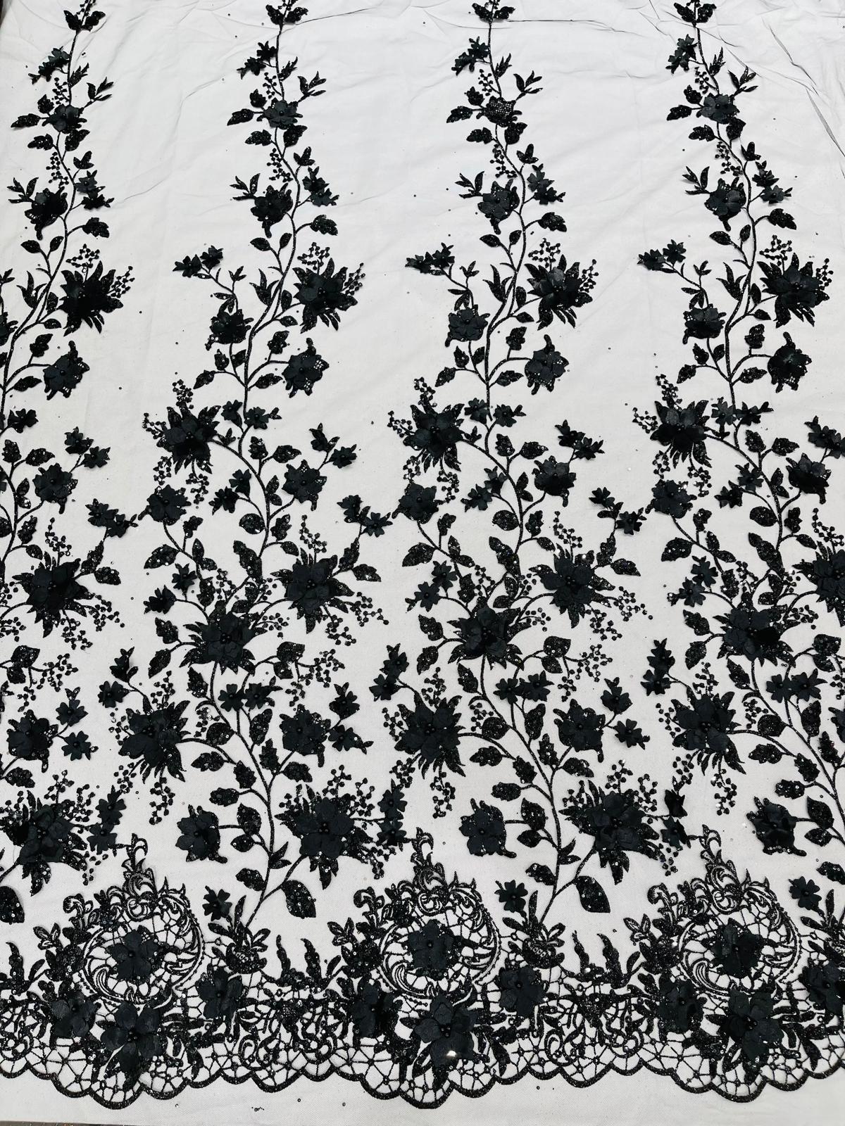 Princess Glitter 3D Floral Design Lace Polyester Fabric - Double Scallop, Mesh Lace, 54" Width (1 Yard)