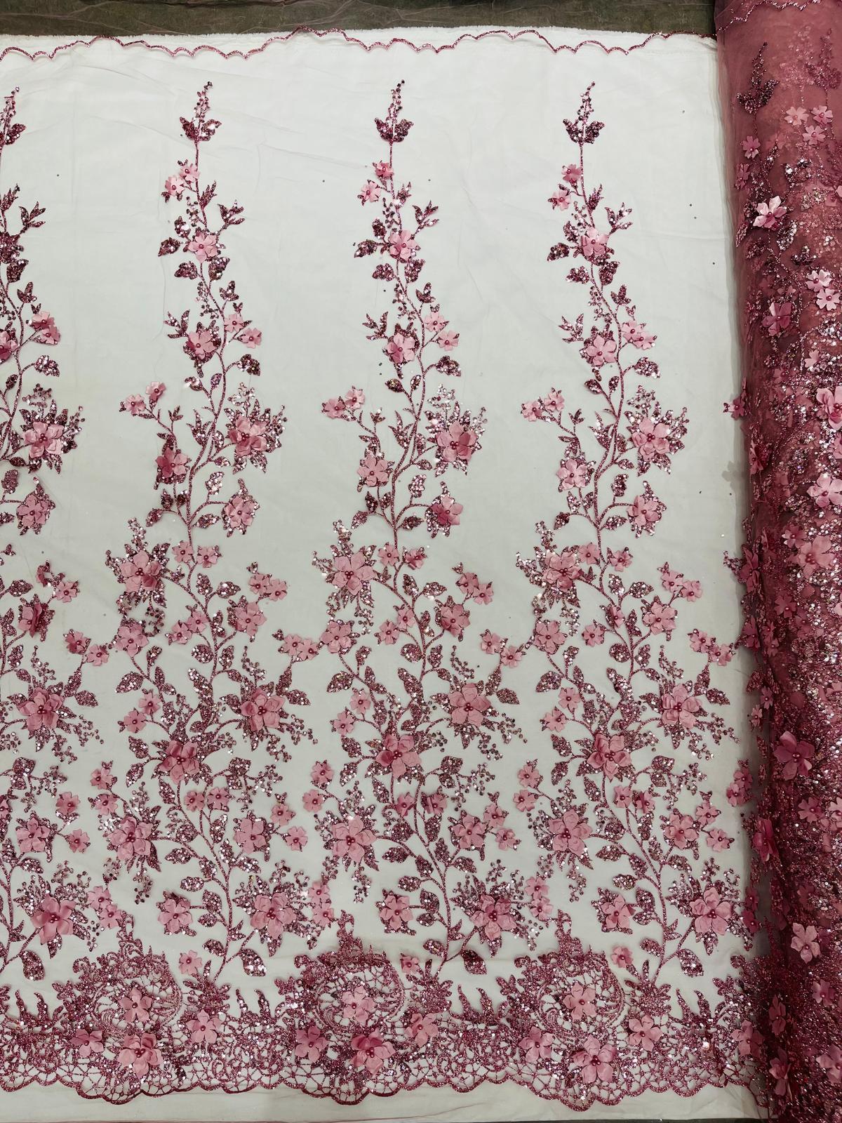 Princess Glitter 3D Floral Design Lace Polyester Fabric - Double Scallop, Mesh Lace, 54" Width (1 Yard)