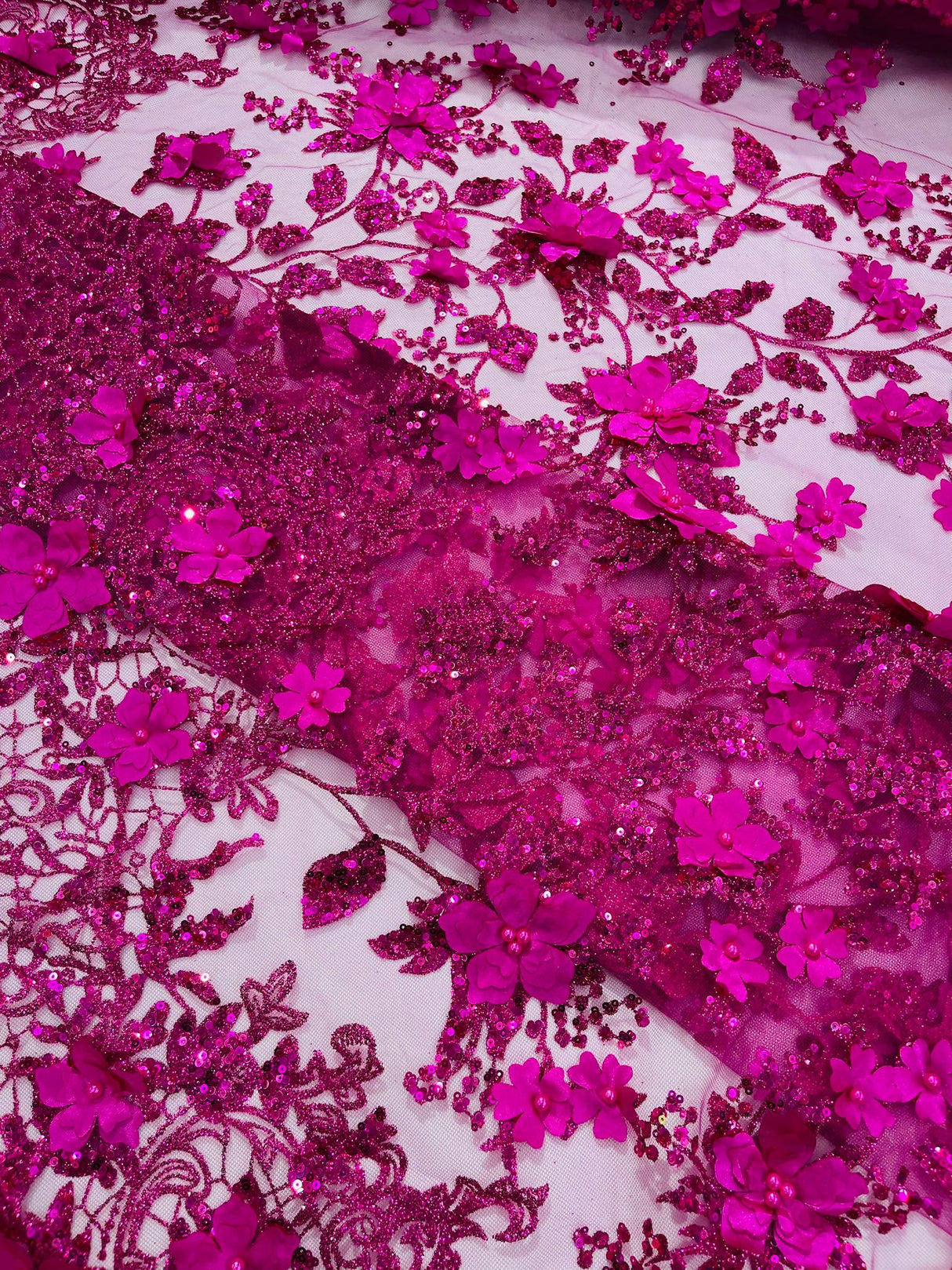 Princess Glitter 3D Floral Design Lace Polyester Fabric - Double Scallop, Mesh Lace, 54" Width (1 Yard)