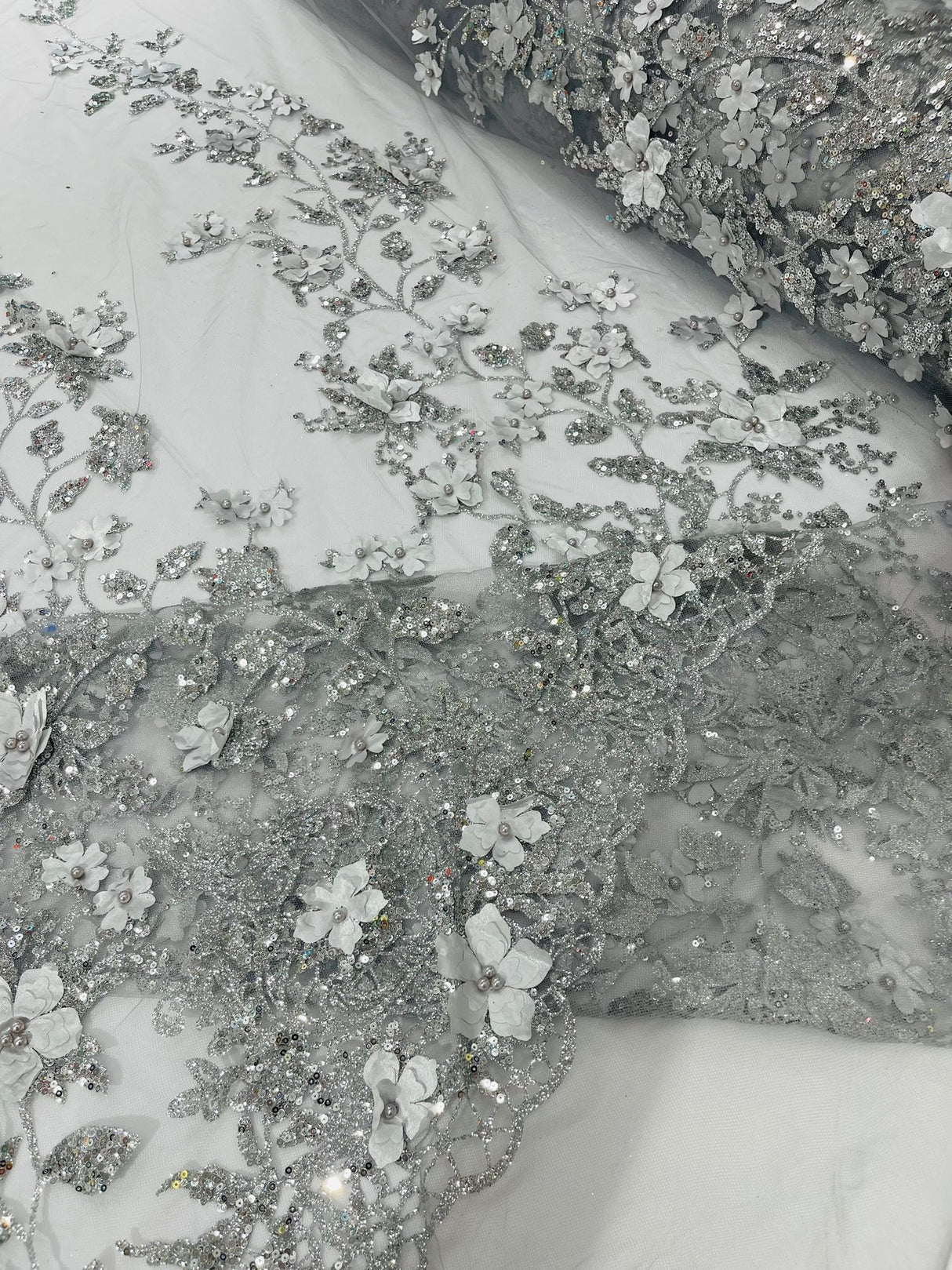 Princess Glitter 3D Floral Design Lace Polyester Fabric - Double Scallop, Mesh Lace, 54" Width (1 Yard)